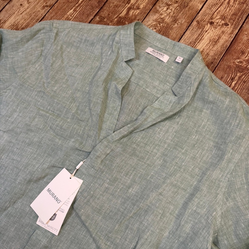 Murano Baird McNutt Linen Shirt Mens Extra Large Green Band Collar Long Sleeve